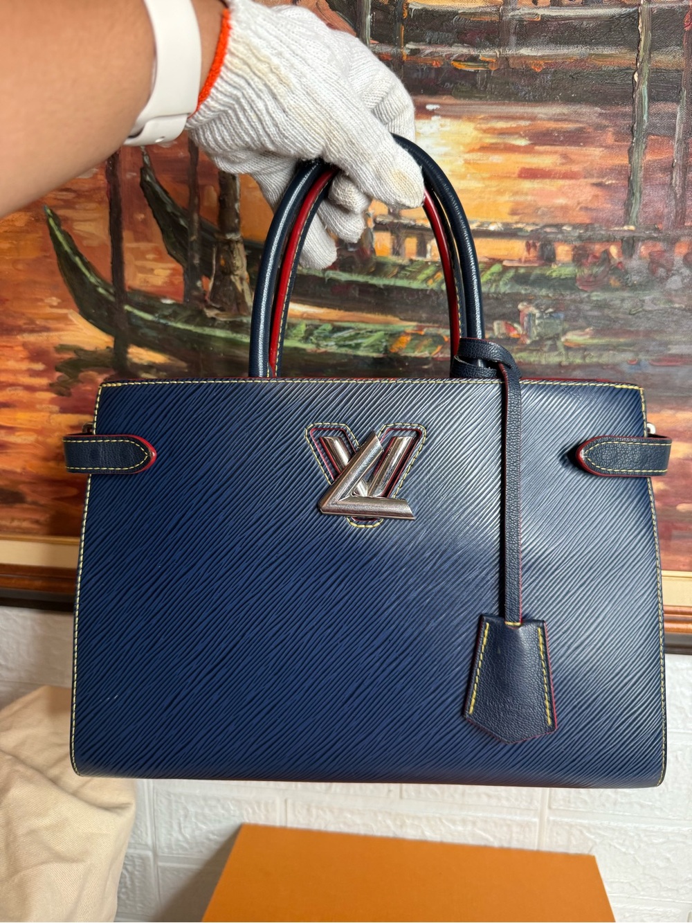 Louis Vuitton Navy Epi Leather Satchel with Red Trim